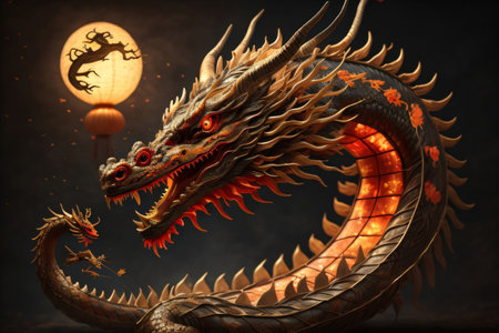 Chinese dragon in warm colors. Autumn. dark background. Generative AIの素材