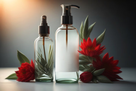 White perfume bottle with dispenser and flowers. studio shot. Generative AIの素材