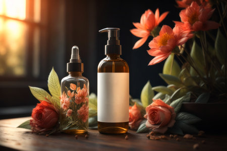 Brown perfume bottle with dispenser and flowers. Sunlight from the window, dark background. Generative AIの素材