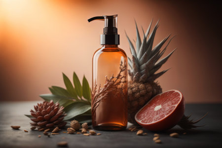 still life with orange perfume bottle with dispenser. fruits and berries. Studio shot, dark background. Generative AIの素材