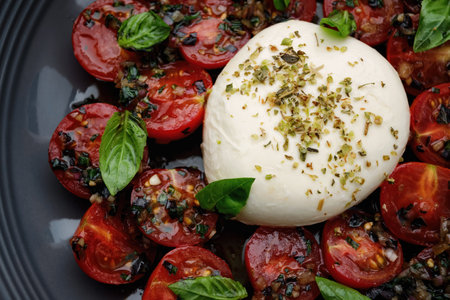 Burrata with baked cherry tomatoes and spices, on a plate