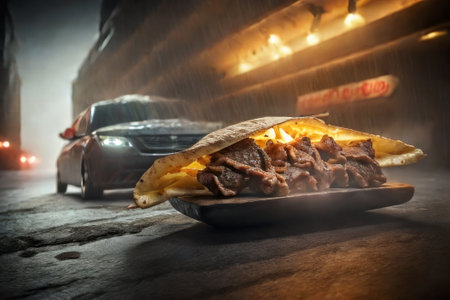 Street food, fried meat with lavash. foggy night wet street, shallow depth of field, blurred background. Generative AIの素材
