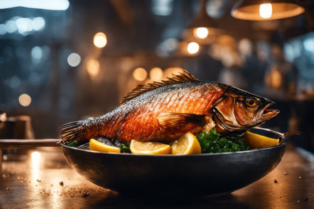 Fried fish with spices and smoke on a blurred background. street food. Generative AIの素材