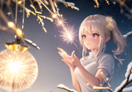 Festive Christmas poster. Snowy forest and sparkler on the background. anime style. bokeh. Generative AIの素材