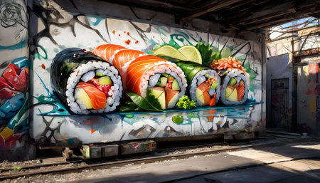 Graffiti depicting sushi in Japanese style. AI Generatedの素材