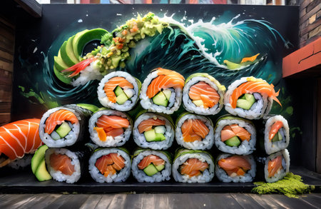 Graffiti depicting sushi in Japanese style. AI Generatedの素材