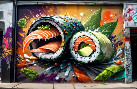 Graffiti depicting sushi in Japanese style. AI Generatedの素材