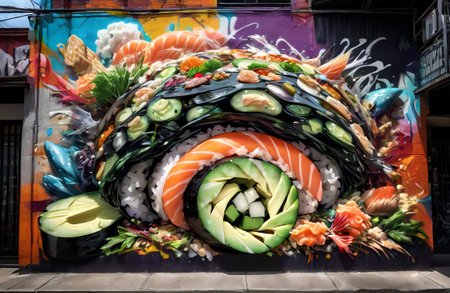 Graffiti depicting sushi in Japanese style. AI Generatedの素材