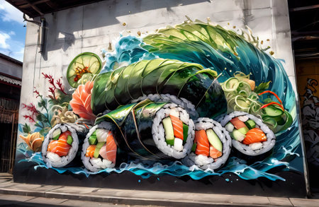 Graffiti depicting sushi in Japanese style. AI Generatedの素材