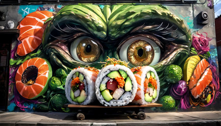 Graffiti depicting sushi in Japanese style. AI Generatedの素材