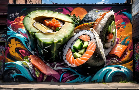 Graffiti depicting sushi in Japanese style. AI Generatedの素材
