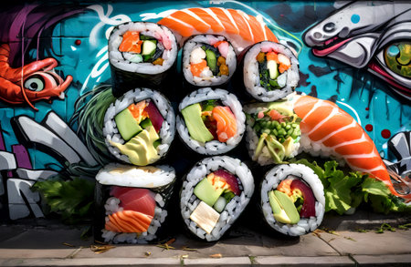 Graffiti depicting sushi in Japanese style. AI Generatedの素材