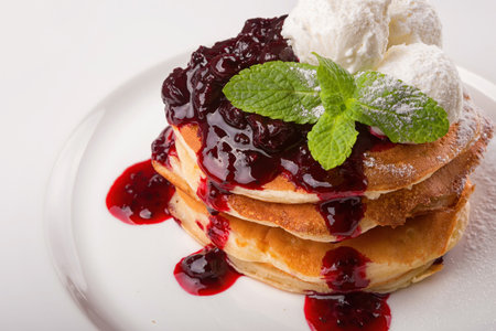 Pancakes with ice cream and jam, Close upの写真素材