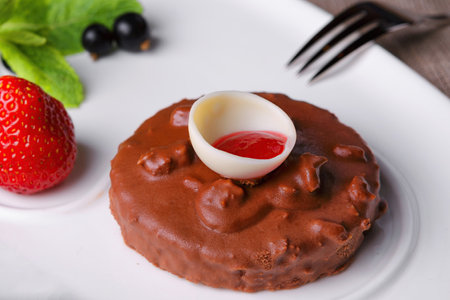 Chocolate cake with strawberries and currants on a white plateの写真素材