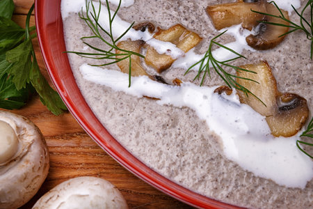 Mushroom cream soup with sour cream, Close-upの写真素材