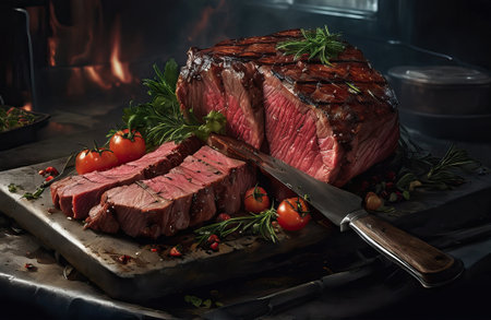 Grilled steak with vegetables and herbs on a dark background. Generative AIの素材