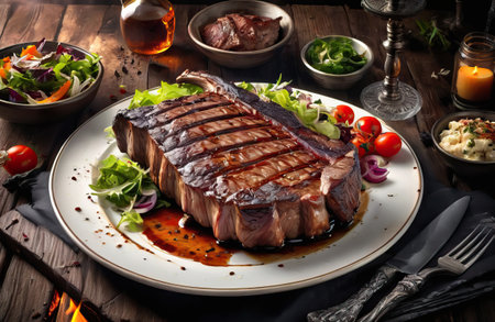 Grilled steak in surroundings on a wooden board, generative AIの素材