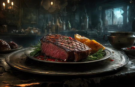 Grilled steak with vegetables and herbs on a dark background. Generative AIの素材
