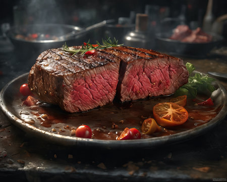 Grilled steak with vegetables and herbs on a dark background. Generative AIの素材