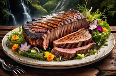 Grilled steak with herbs on nature background, AI generatedの素材