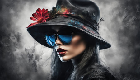 A drawn woman in a leather hat, leather jacket, and sunglasses, surrounded by flowers. AI Generatedの素材
