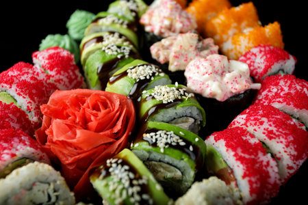 Sushi set of various sushi rolls on a black backgroundの写真素材