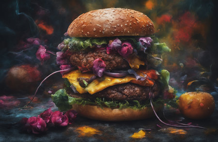 Artistic depiction of a hamburger. Generative AIの素材