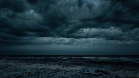 Evening dramatic sky with storm clouds, stormy seaの写真素材