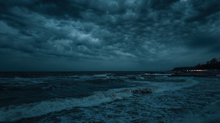 Evening dramatic sky with storm clouds, stormy sea