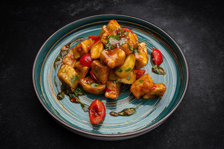 Caramelized eggplant salad with tomatoes and sauceの写真素材