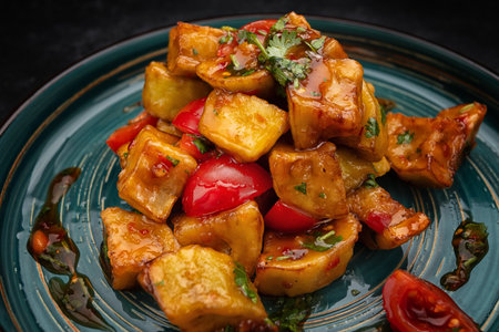 Caramelized eggplant salad with tomatoes and sauce