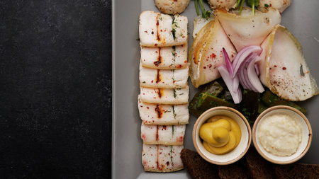 Sliced lard with mustard and spices