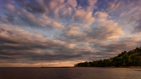 Sea sunset or sunrise and pier. Travel and beautiful natureの写真素材
