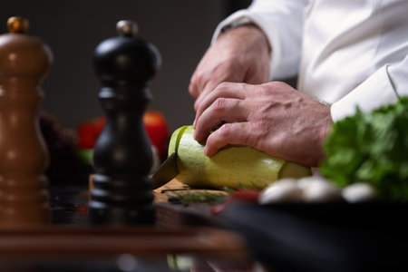 The chef man cuts the zucchini on a wooden cutting board