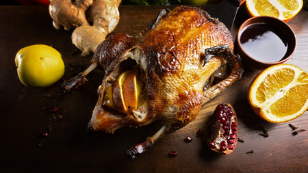 Baked duck with apples and oranges, on a wooden boardの写真素材