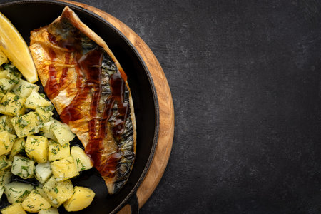 A delicious meal with grilled mackerel, seasoned potatoes, and fresh dill
