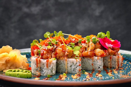 Gourmet sushi roll topped with tender scallop and vibrant tobiko caviarの写真素材