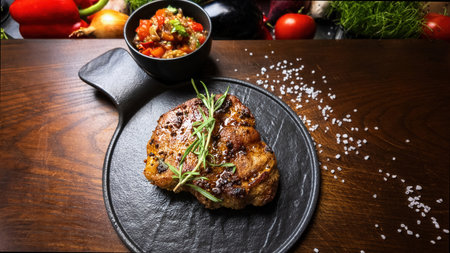 Hot grilled meat steak on a wooden board simple, tasty, and full of smoky flavor.の写真素材