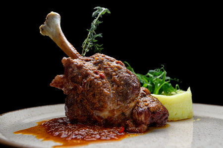 Savory roasted lamb leg served with mashed potatoes, perfect for restaurant menus, culinary advertising, and gourmet promotions.の写真素材