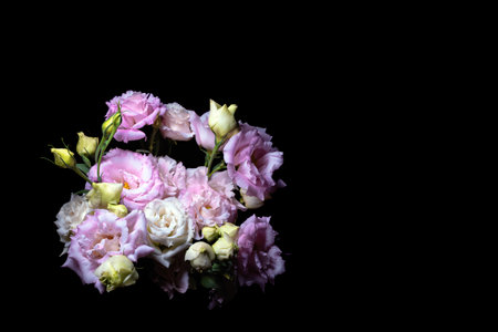 Bouquet of beige and purple eustoma with buds on black background. Perfect for cards, and floral design with text space.の写真素材