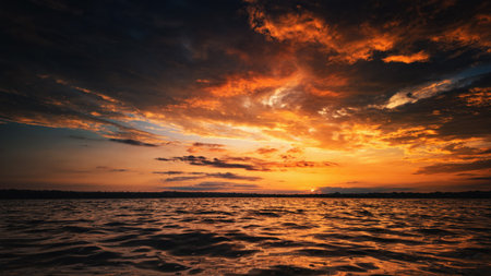 Vivid and dramatic sunset over a calm lake with textured clouds reflecting in the water.の写真素材