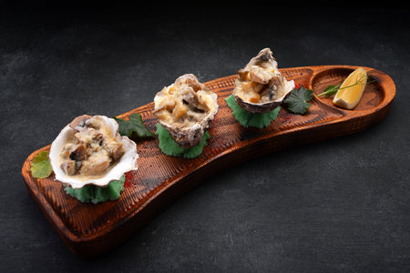 Baked seafood cocktail with scallops, rapa whelks and squid under cheese.の写真素材