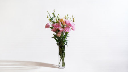 Eustoma flower bouquet in glass vase on white background, elegant floral decoration for interior and designの写真素材