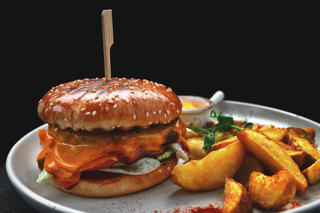 Gourmet street burger fries plateの写真素材