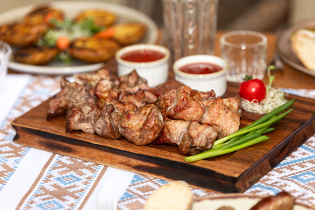 Juicy grilled kebab served on a wooden board with sauce and vegetables on a traditional Ukrainian-style table setting.の写真素材