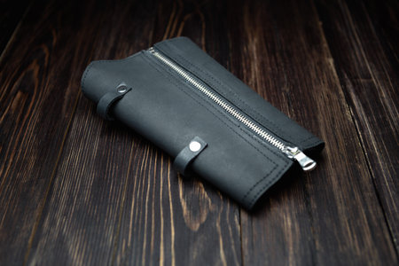 Black genuine leather arm cuff bracelet.の写真素材