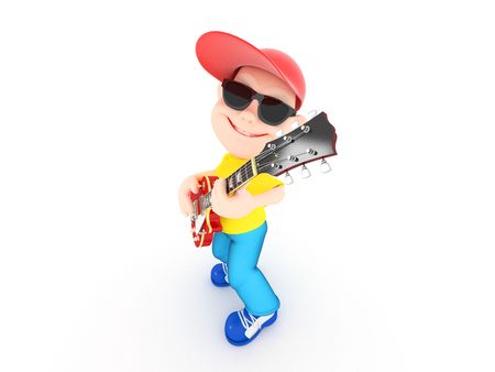 Cartoon Boy With Electric Guitar Over Whiteの写真素材