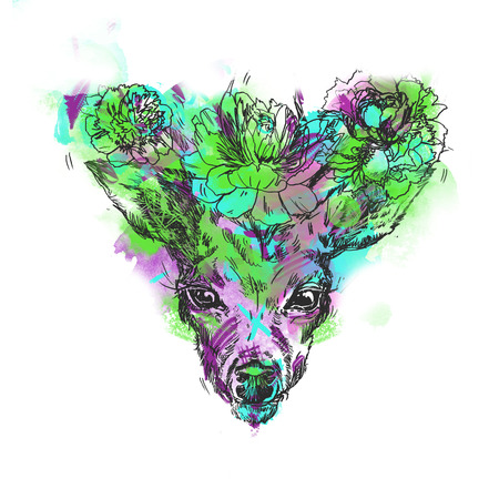 A young deer with horny horns on which peonies are planted. illustration. Design a tattoo, a symbol of mystical magic for your use.の写真素材