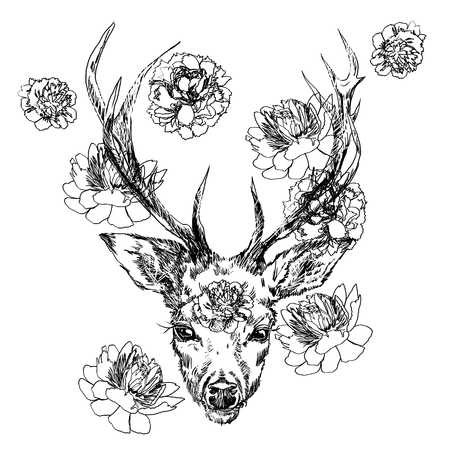 A young deer with horny horns on which peonies are planted. Illustration. Design a tattoo, a symbol of mystical magic for your use.の写真素材