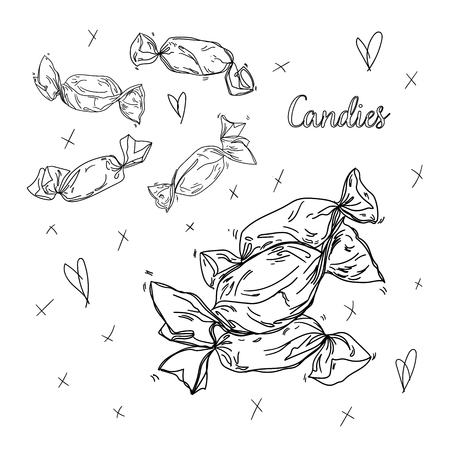 Vector illustration of sweets set. Chocolate candies. Thank You with Place for Your Text. Vintage hand drawn engraving style.のイラスト素材